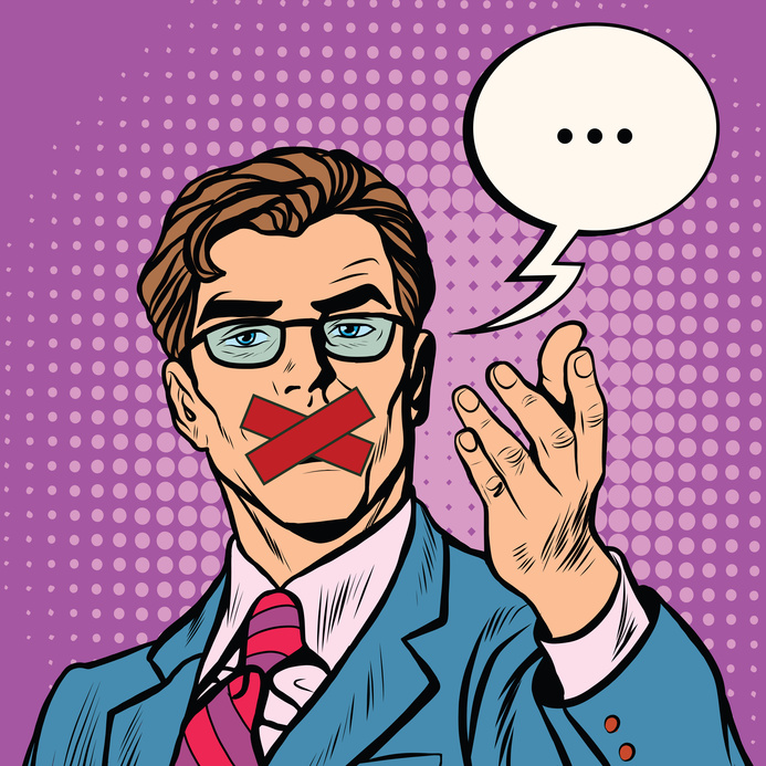 Comic: Mann mit zugeklebtem Mund und leerer Sprechblase