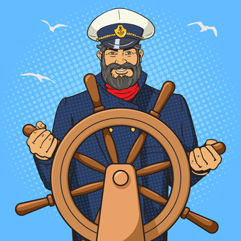 Comic: Kapitän am Steuerrad eines Schiffes