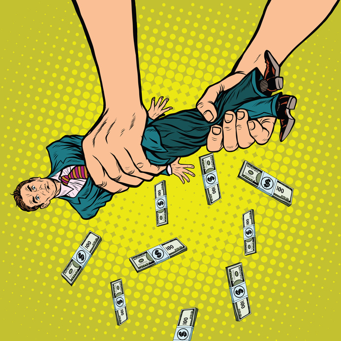 Comic: Hände schütteln eine Person aus, Geldscheine fallen heraus
