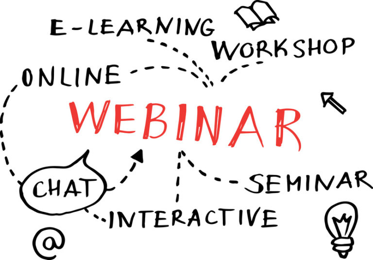 Handgezeichnete Wortwolke rund um den Begriff „Webinar“