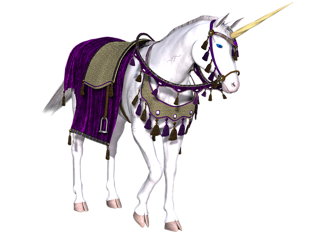 Weißes Einhorn mit Sattel vor schwarzem Hintergrund