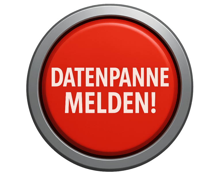 Roter Notfallknopf mit der Aufschrift „Datenpanne melden!“