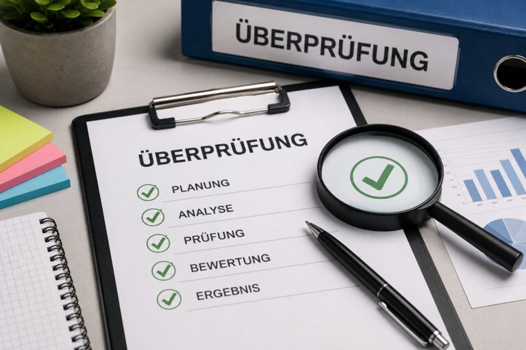 Ordner „Überprüfung“, Klemmbrett mit abgehakter Prüfliste und Lupe